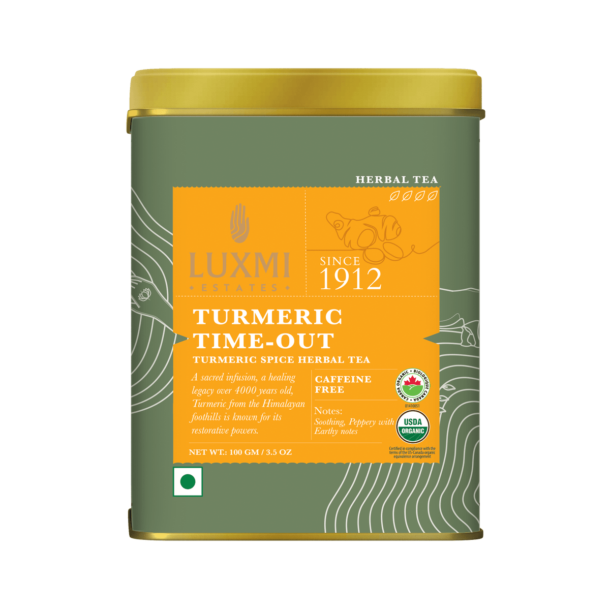 Turmeric Time - Out | 100gm | Organic Herbal Tea PACK OF 2 - Luxmi Estates USA
