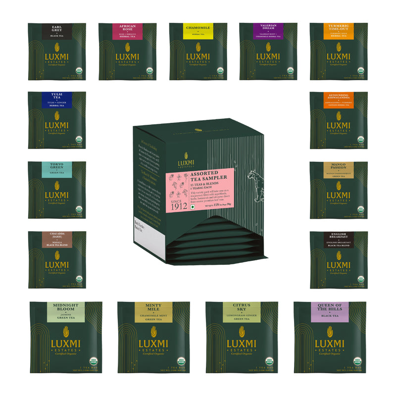 15 Tea Sampler Pack, 15 Flavors, 15 Cups (30g/1.05oz) - Luxmi Estates USA