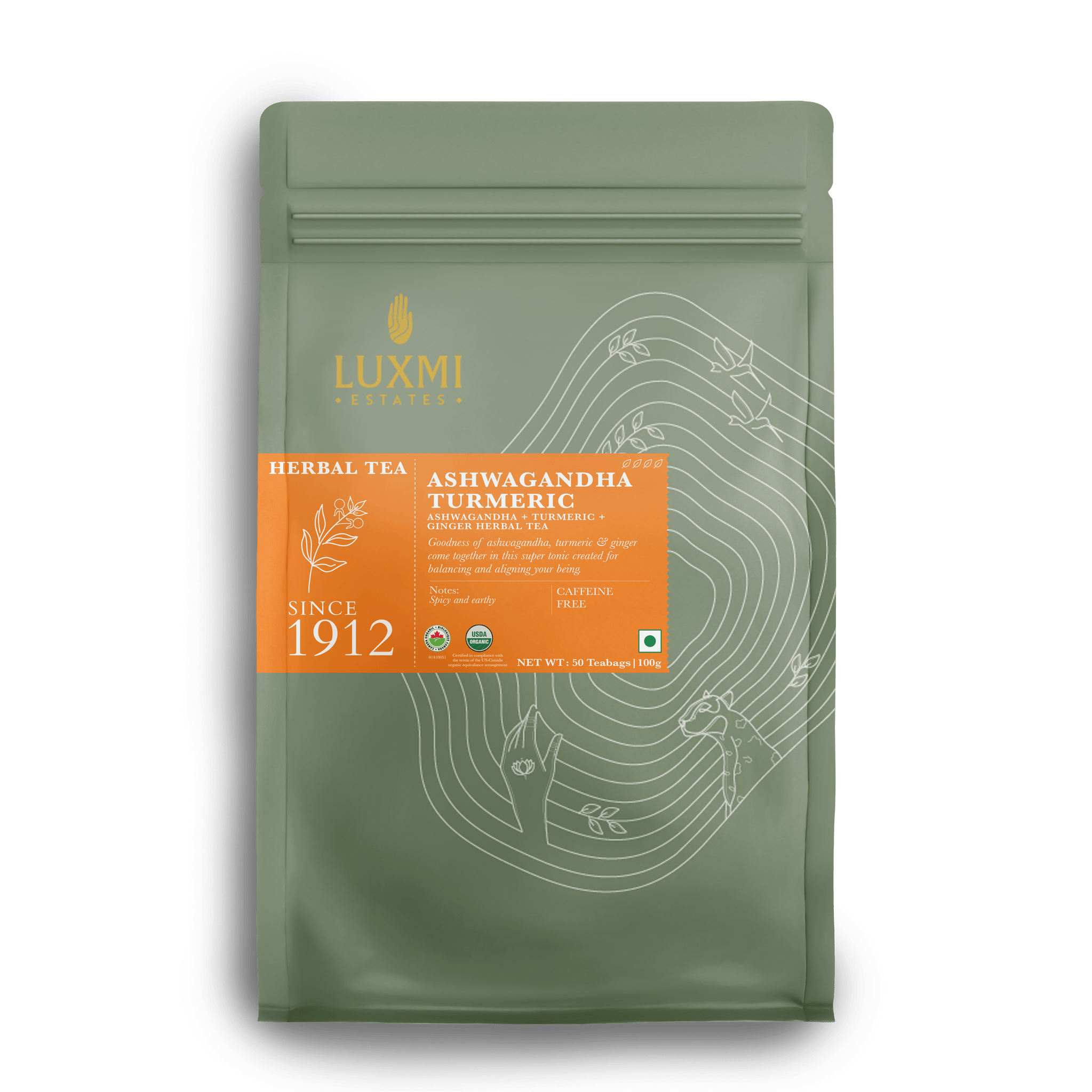 Aswagandha Turmeric | 50 Tea Bags | Organic Herbal Tea - Luxmi Estates