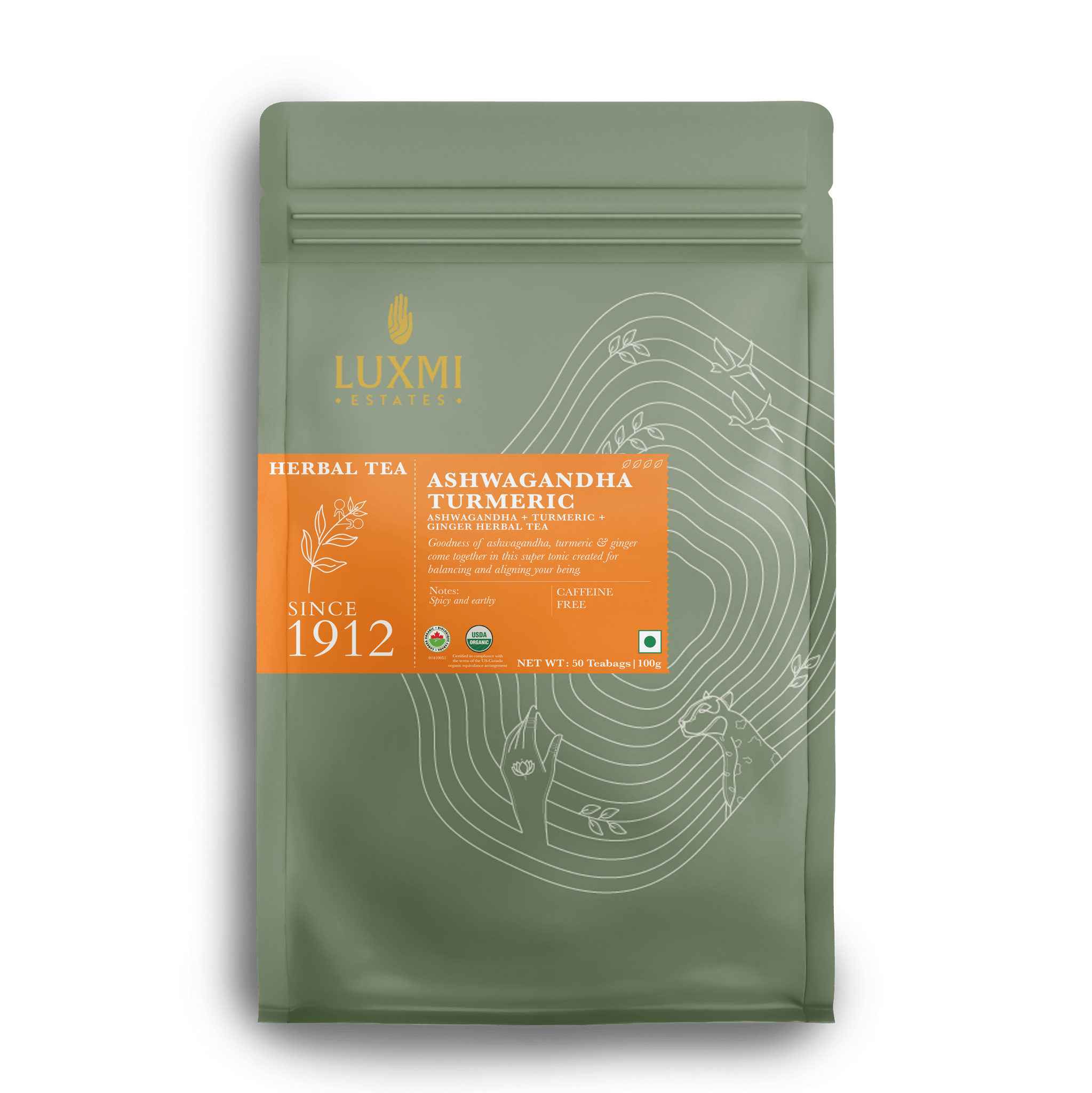 Aswagandha Turmeric | 50 Tea Bags | Organic Herbal Tea PACK OF 1 - Luxmi Estates USA