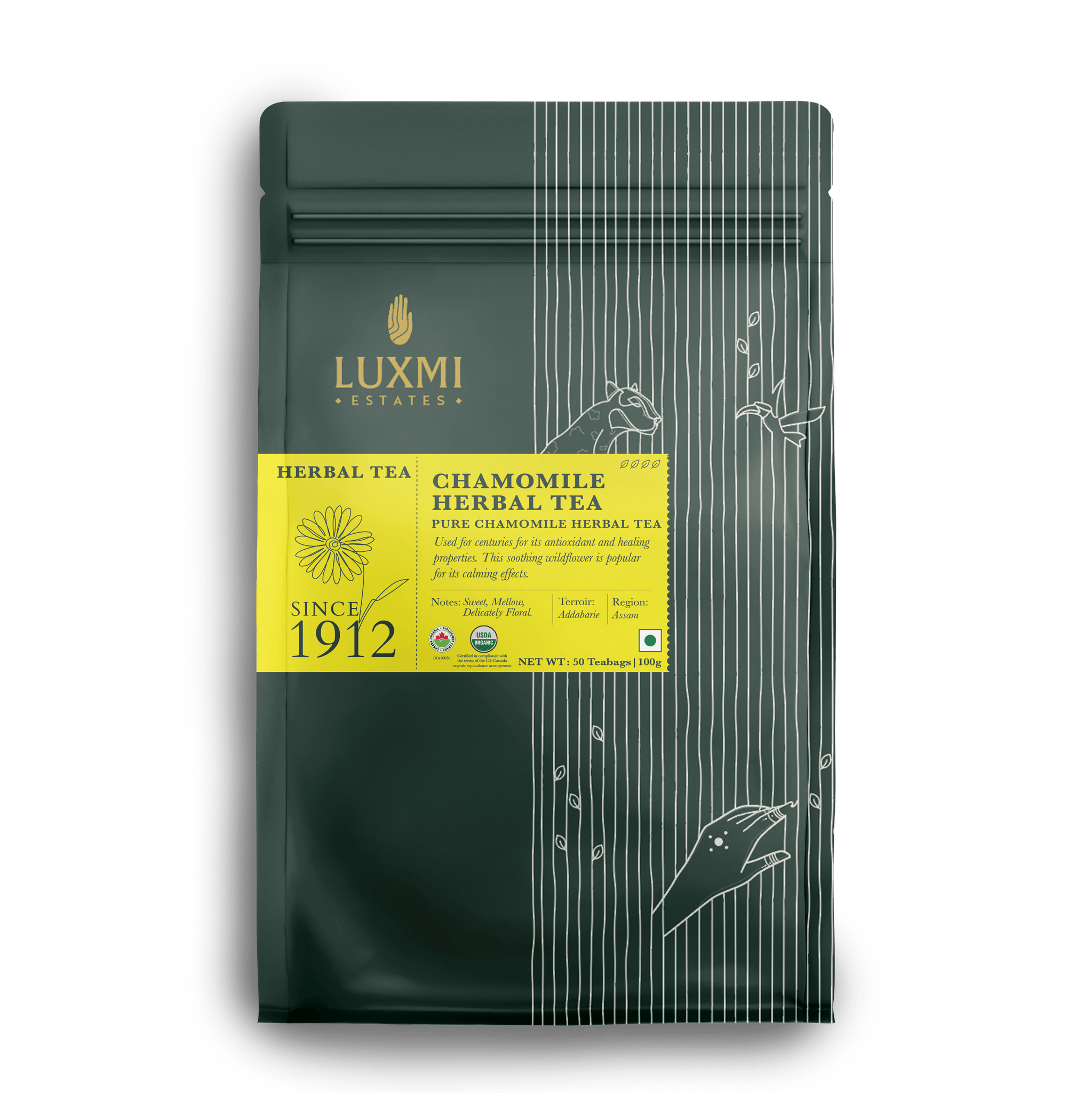 Chamomile Pure Tea | 50 Tea Bags | Organic Herbal Tea - Luxmi Estates