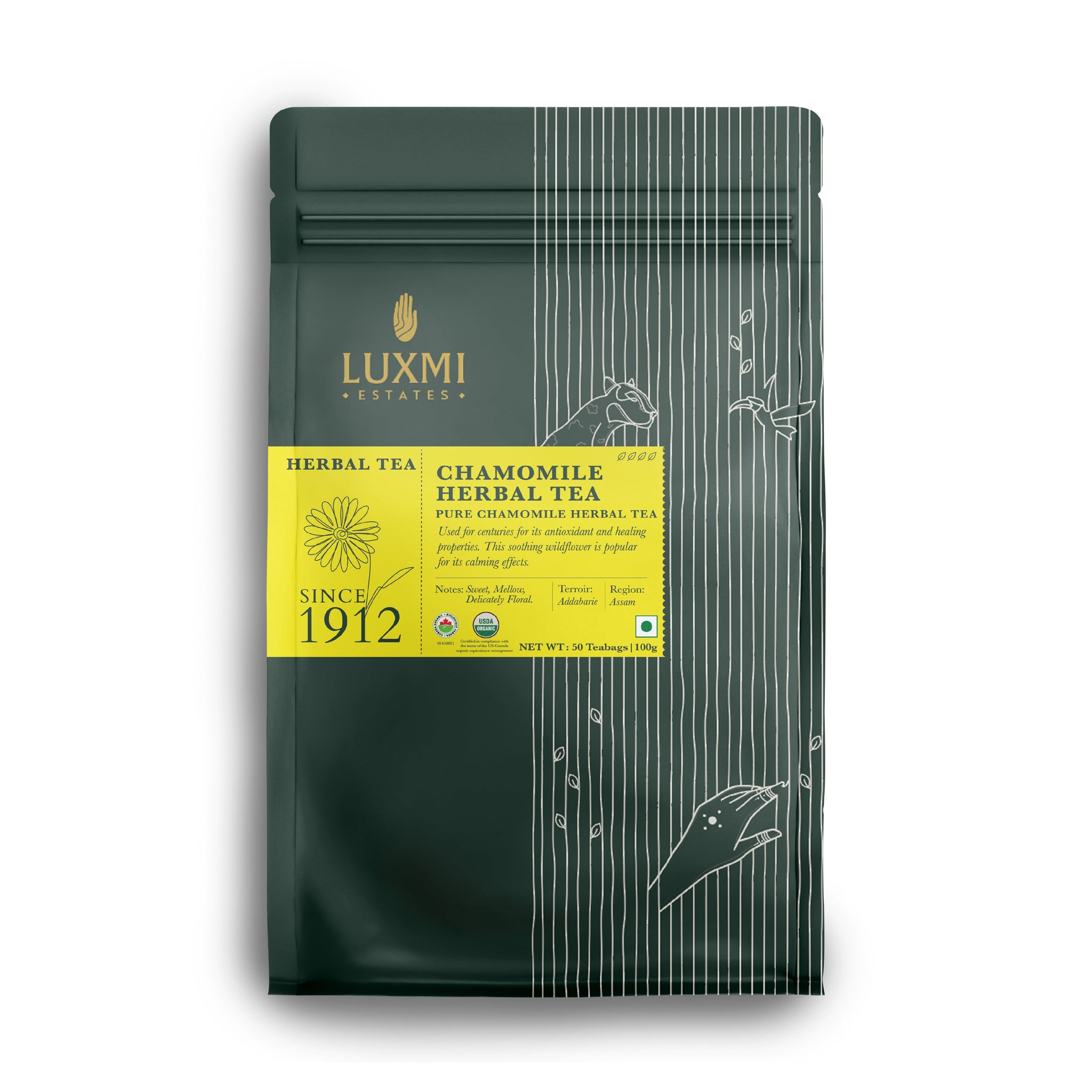 Chamomile Pure Tea | 50 Tea Bags | Organic Herbal Tea - Luxmi Estates