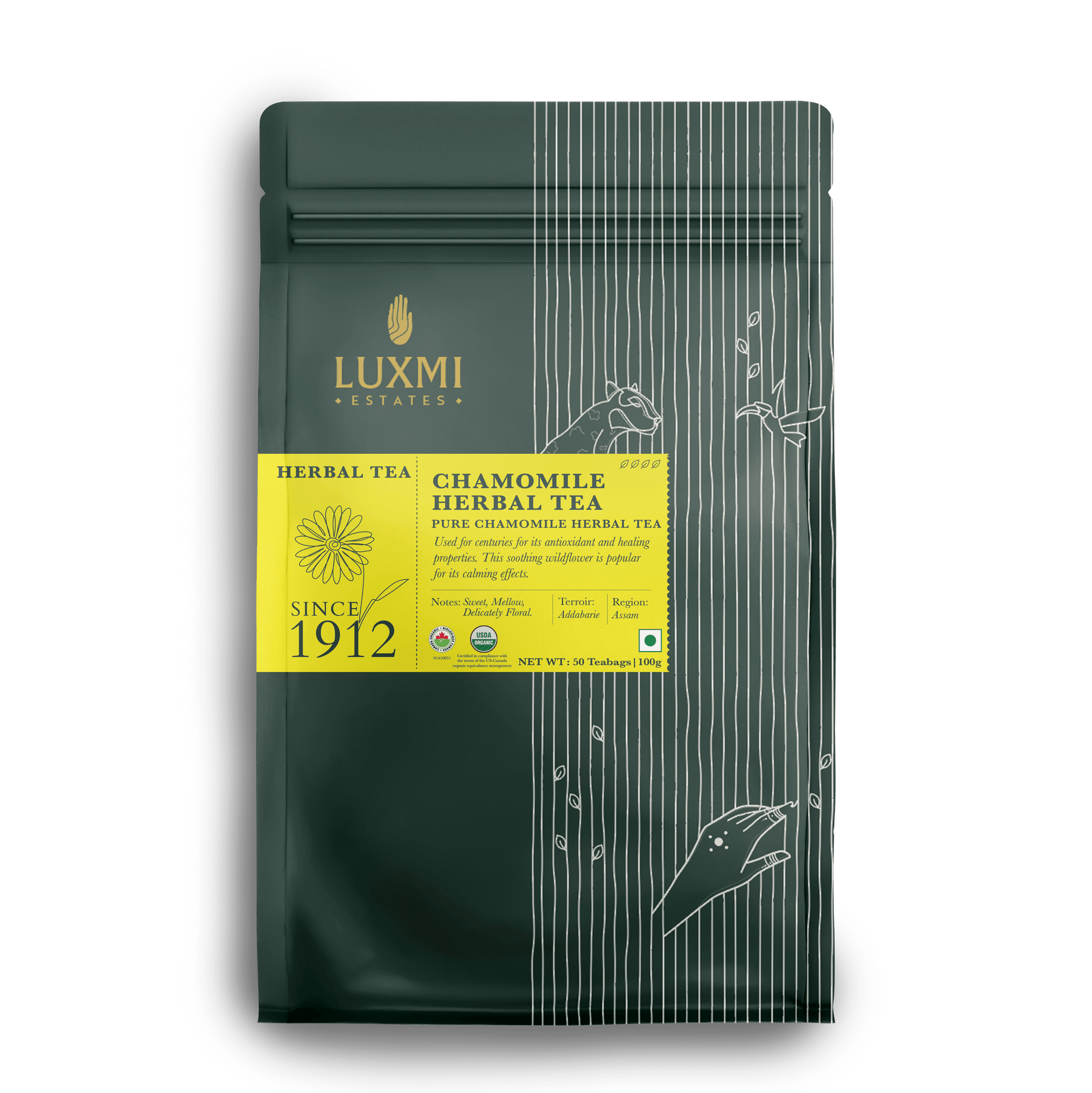 Chamomile Pure Tea | 50 Tea Bags | Organic Herbal Tea PACK OF 1 - Luxmi Estates USA