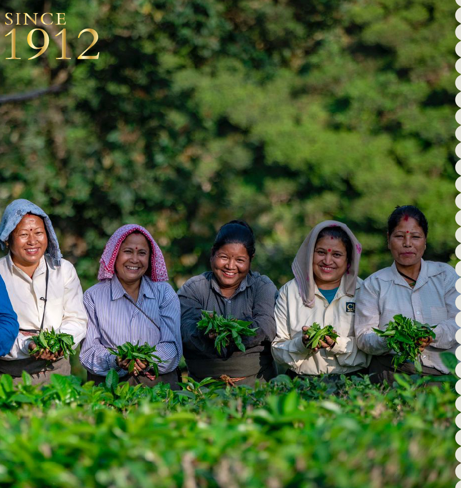 Five women tea pluckers smiling and holding freshly plucked tea leaves in a Luxmi garden