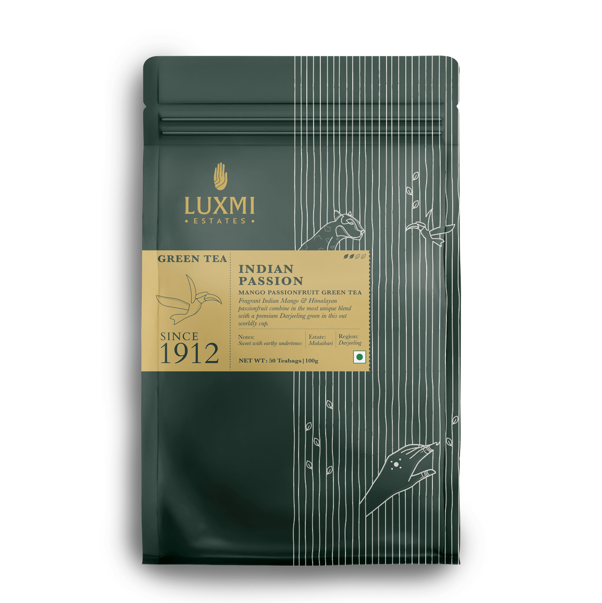 Indian Passion | 50 Tea Bags | Organic Green Tea PACK OF 1 - Luxmi Estates USA