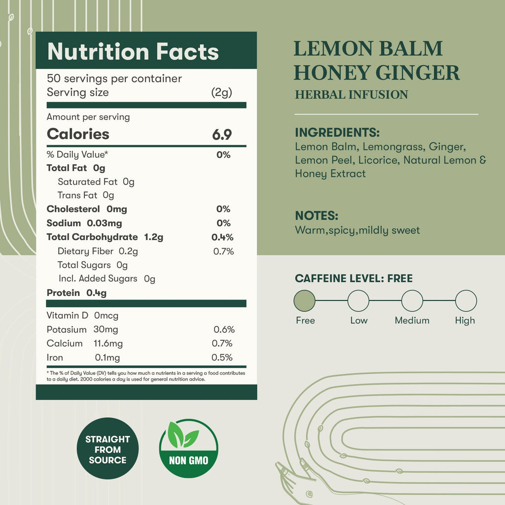 Lemon Balm Honey Ginger | 50 Tea Bags | Organic Herbal Tea - Luxmi Estates USA