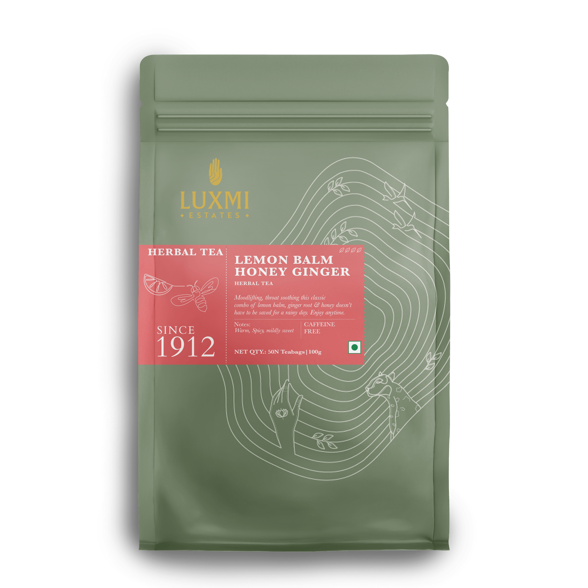 Lemon Balm Honey Ginger | 50 Tea Bags | Organic Herbal Tea PACK OF 2 - Luxmi Estates USA