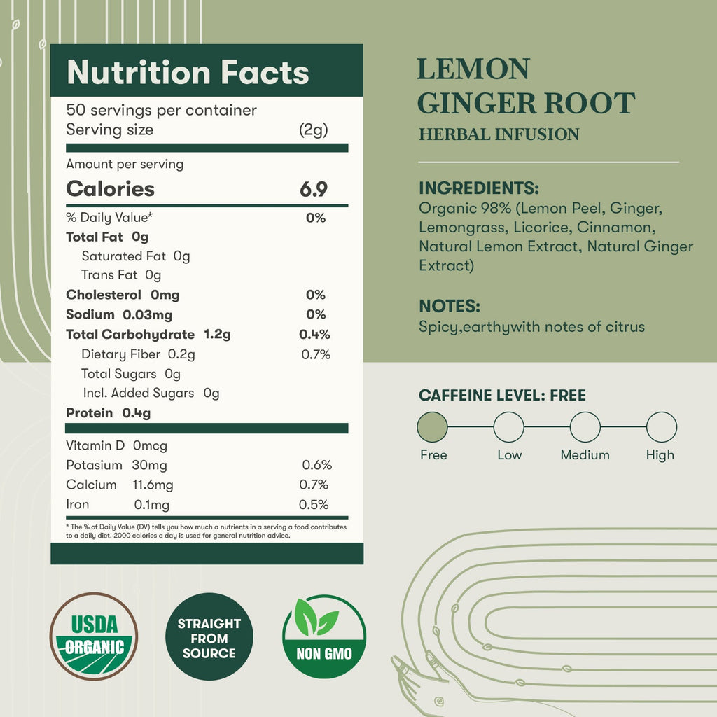Lemon Ginger Root | 50 Tea Bags | Organic Herbal Tea - Luxmi Estates USA