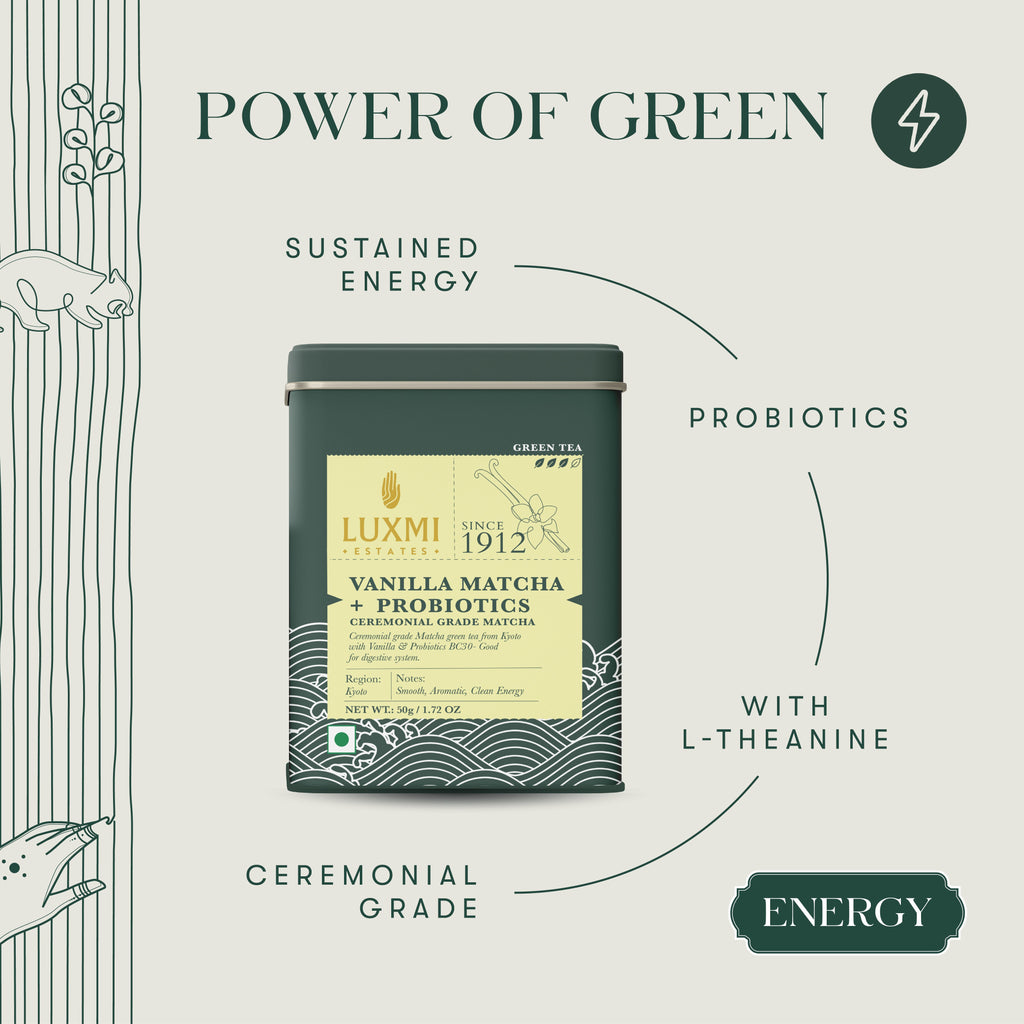 Matcha Vanilla with Probiotics | 50gm | Organic Green Tea Powder - Luxmi Estates USA