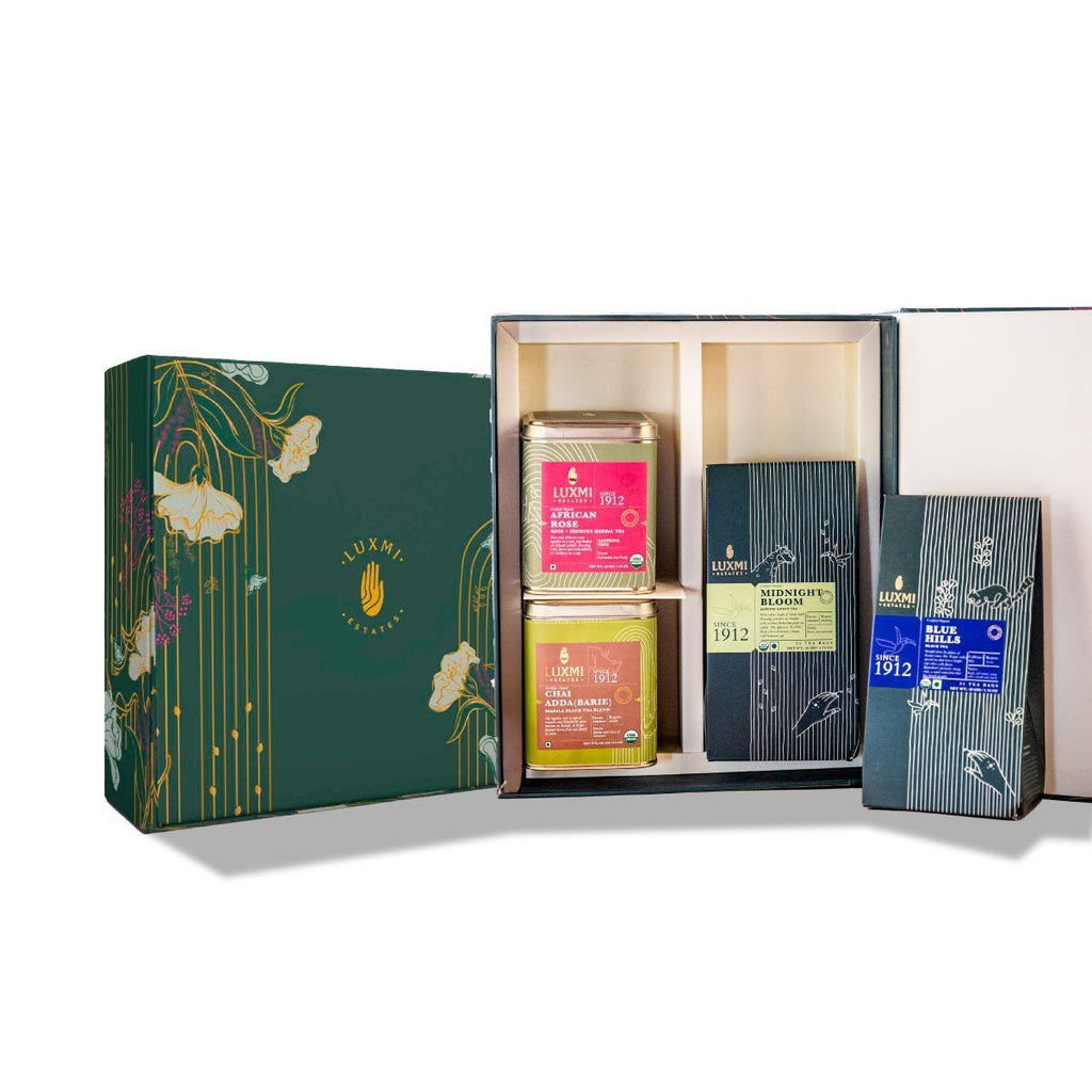 Organic Assorted Classic Collection Tea Gift Box | 1 Herbal Tea, 1 Green Tea, 2 Black Tea - Luxmi Estates USA