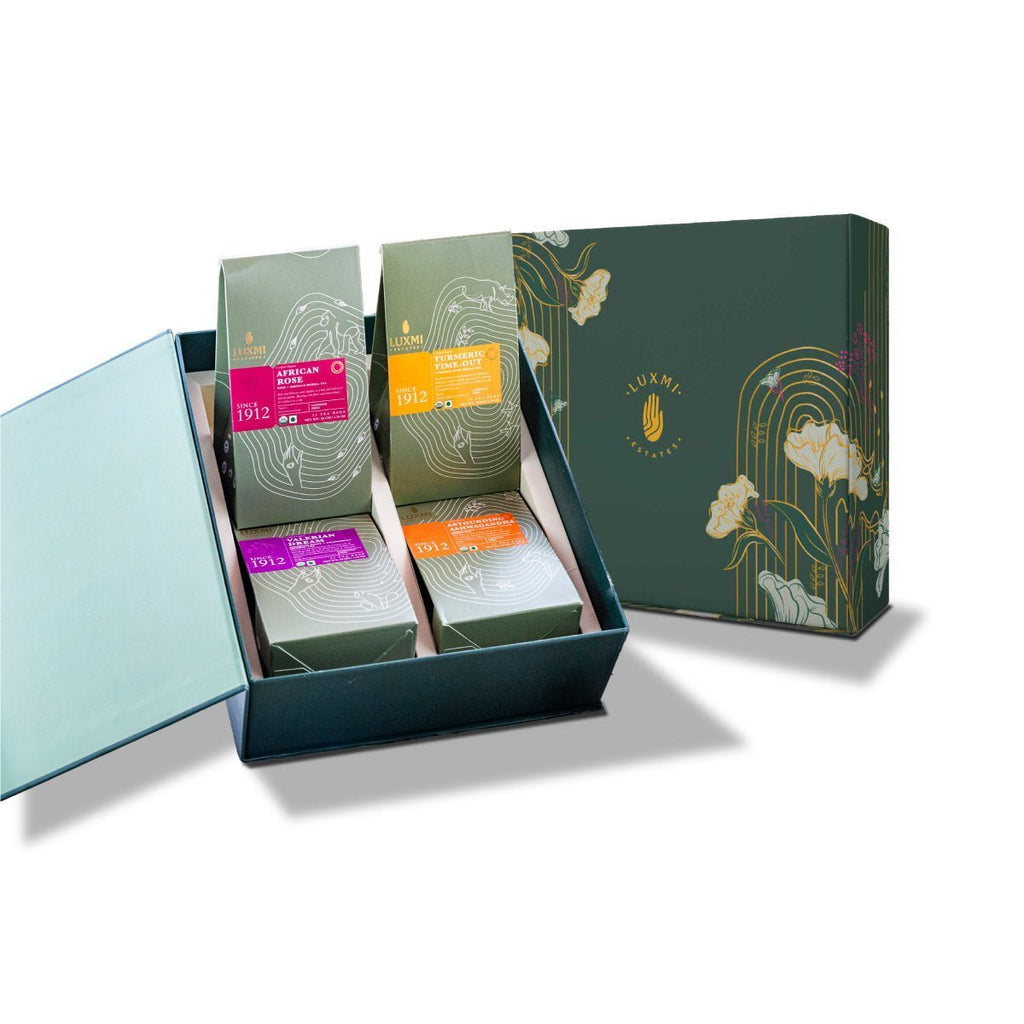 Organic Assorted Variety Herbal Tea Gift Set | 4 Herbal Teas, 100 Teabags - Luxmi Estates USA