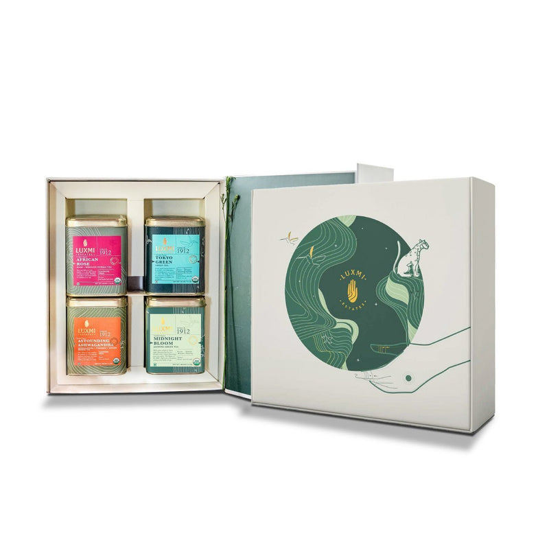 Organic Assorted Variety Tea Gift Set | 2 Herbal Teas, 2 Green Teas 300g | Energy and Balance Gift Box - Luxmi Estates USA
