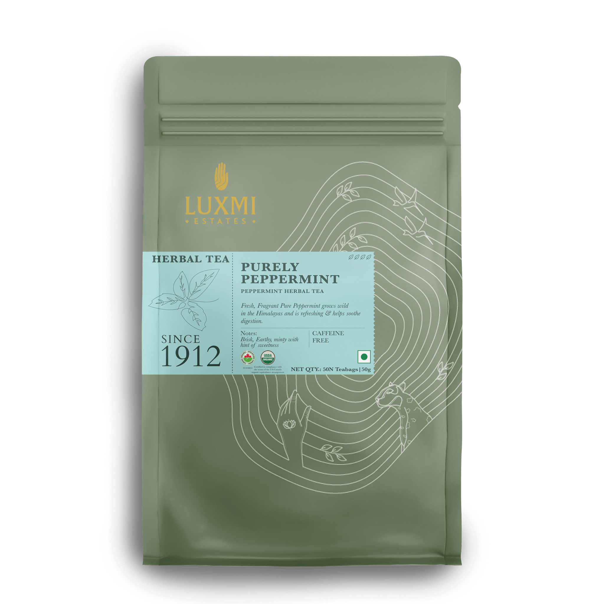 Pure Peppermint | 50 Tea bags | Organic Herbal Tea - Luxmi Estates