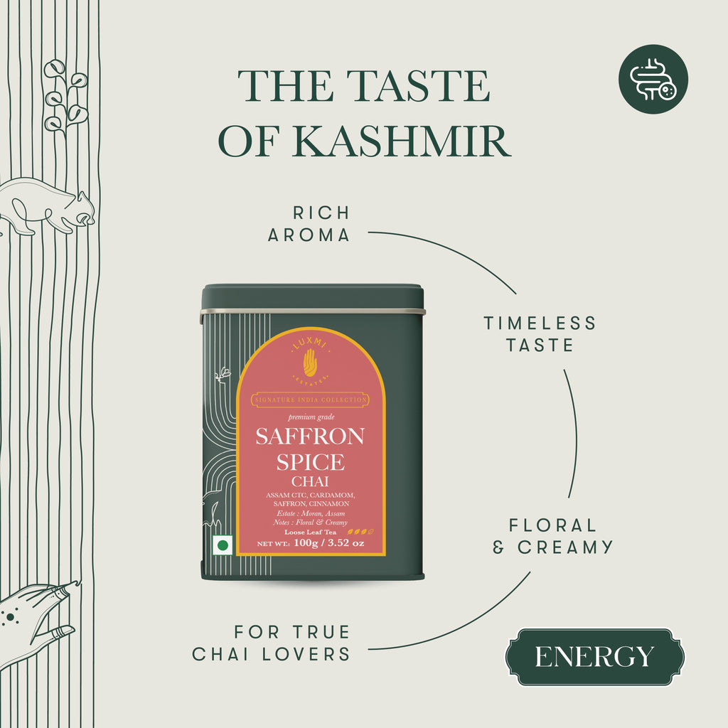 Saffron Spice Chai | 100 gm | Luxmi Signature Tea | Assam CTC, Cardamom, Saffron, Cinnamon - Luxmi Estates USA