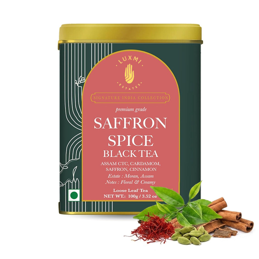 Saffron Spice Chai | 100 gm | Luxmi Signature Tea | Assam CTC, Cardamom, Saffron, Cinnamon - Luxmi Estates USA
