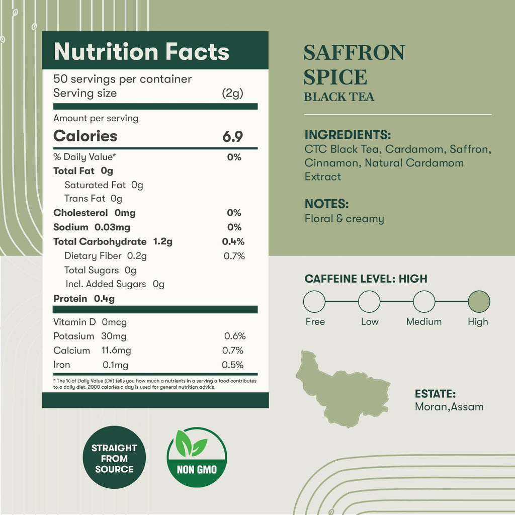 Saffron Spice Chai | 100 gm | Luxmi Signature Tea | Assam CTC, Cardamom, Saffron, Cinnamon - Luxmi Estates USA
