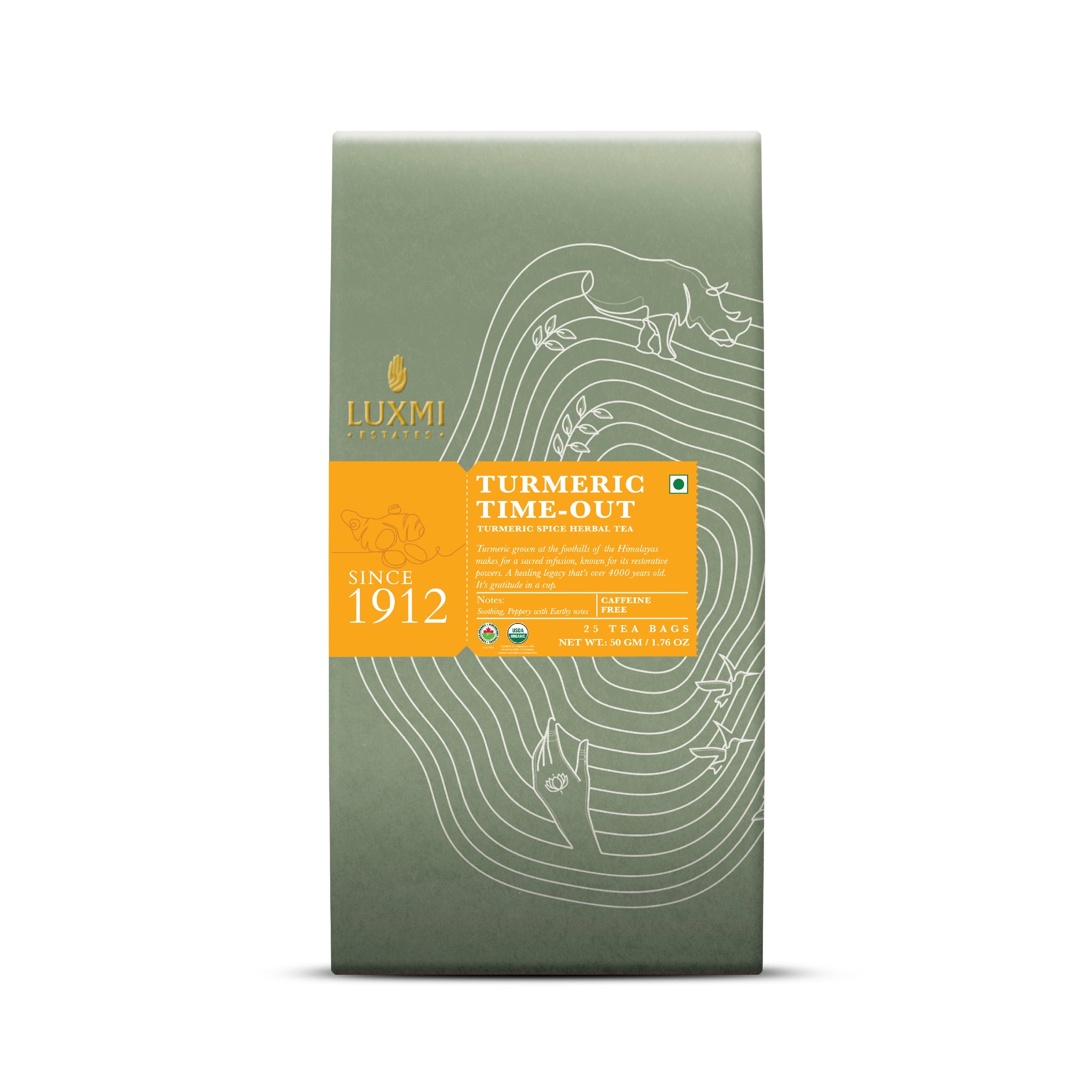 Turmeric Time - Out | 25 Tea Bags | Organic Herbal Tea - Luxmi Estates