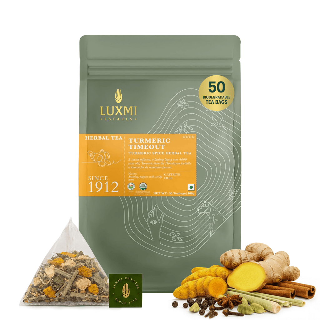Turmeric Timeout | 50 Tea Bags | Organic Herbal Tea - Luxmi Estates USA
