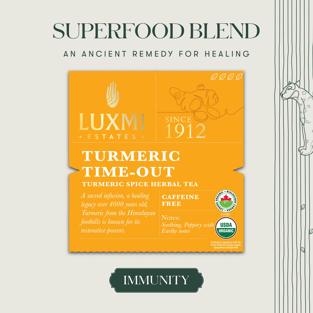 Turmeric Timeout | 50 Tea Bags | Organic Herbal Tea - Luxmi Estates USA