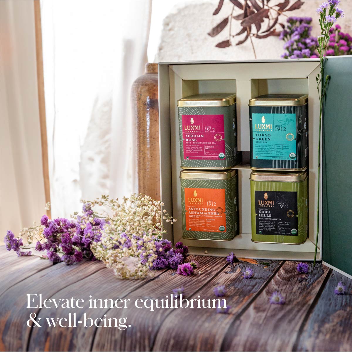 Organic Assorted Variety Tea Gift Set | 2 Herbal Teas, 2 Green Teas 300g | Energy and Balance Gift Box - Luxmi Estates