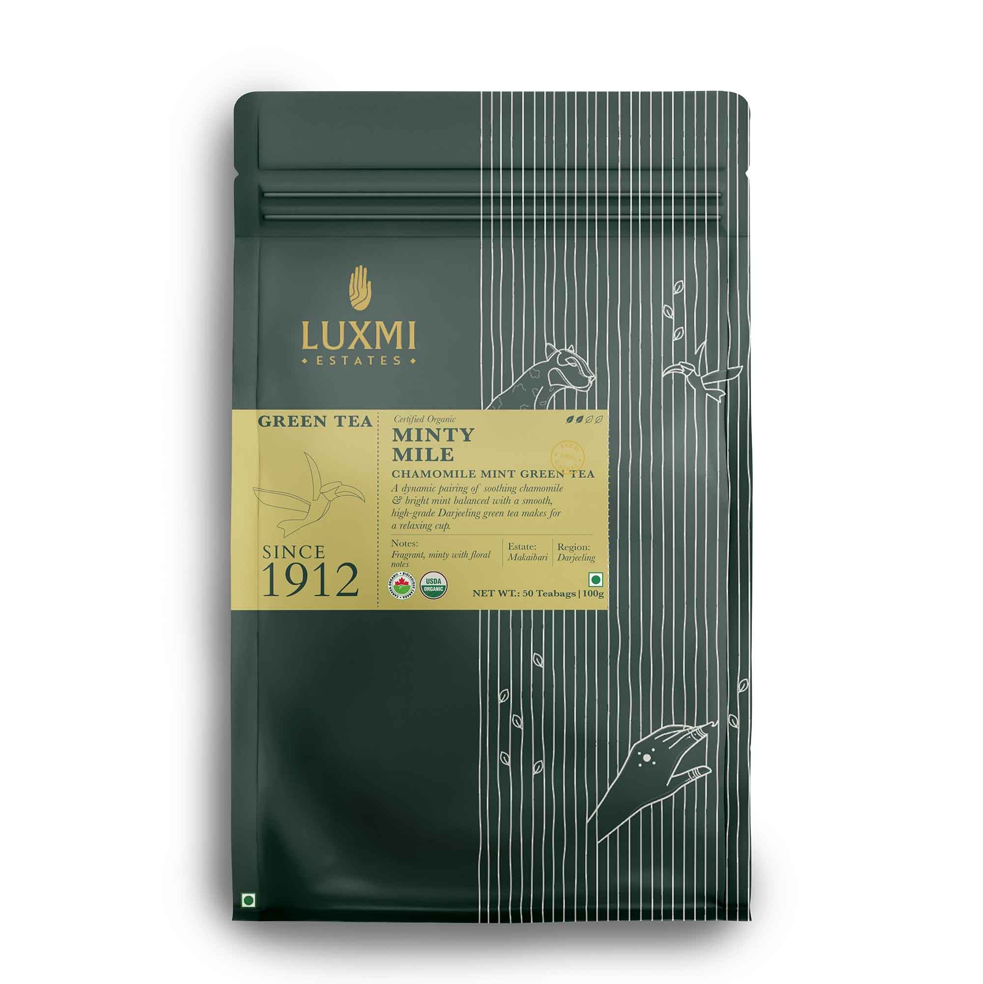 Organic Minty Mile | 50 Tea Bags | Organic Green Tea - Luxmi Estates